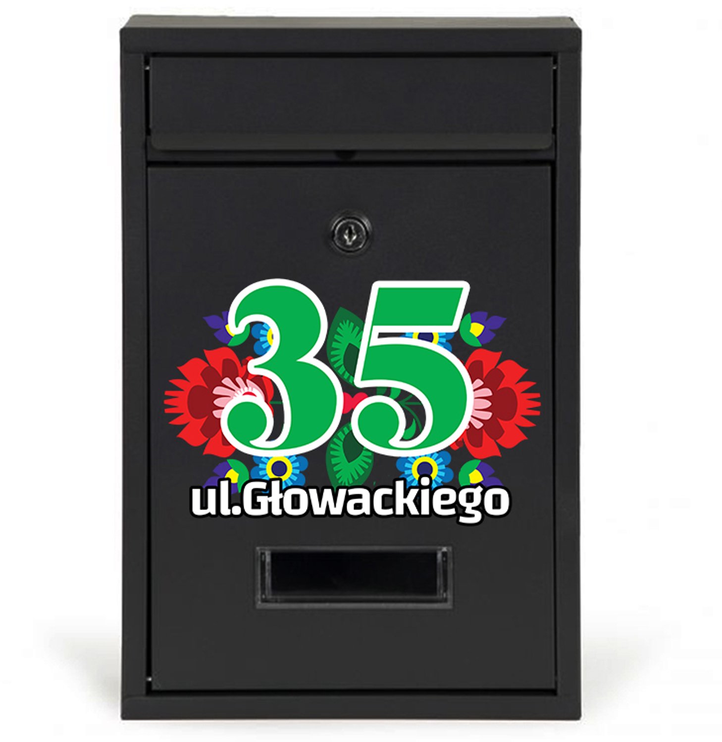 Zwarte brievenbus met huisnummer A4, UV-print, inclusief montageonderdelen