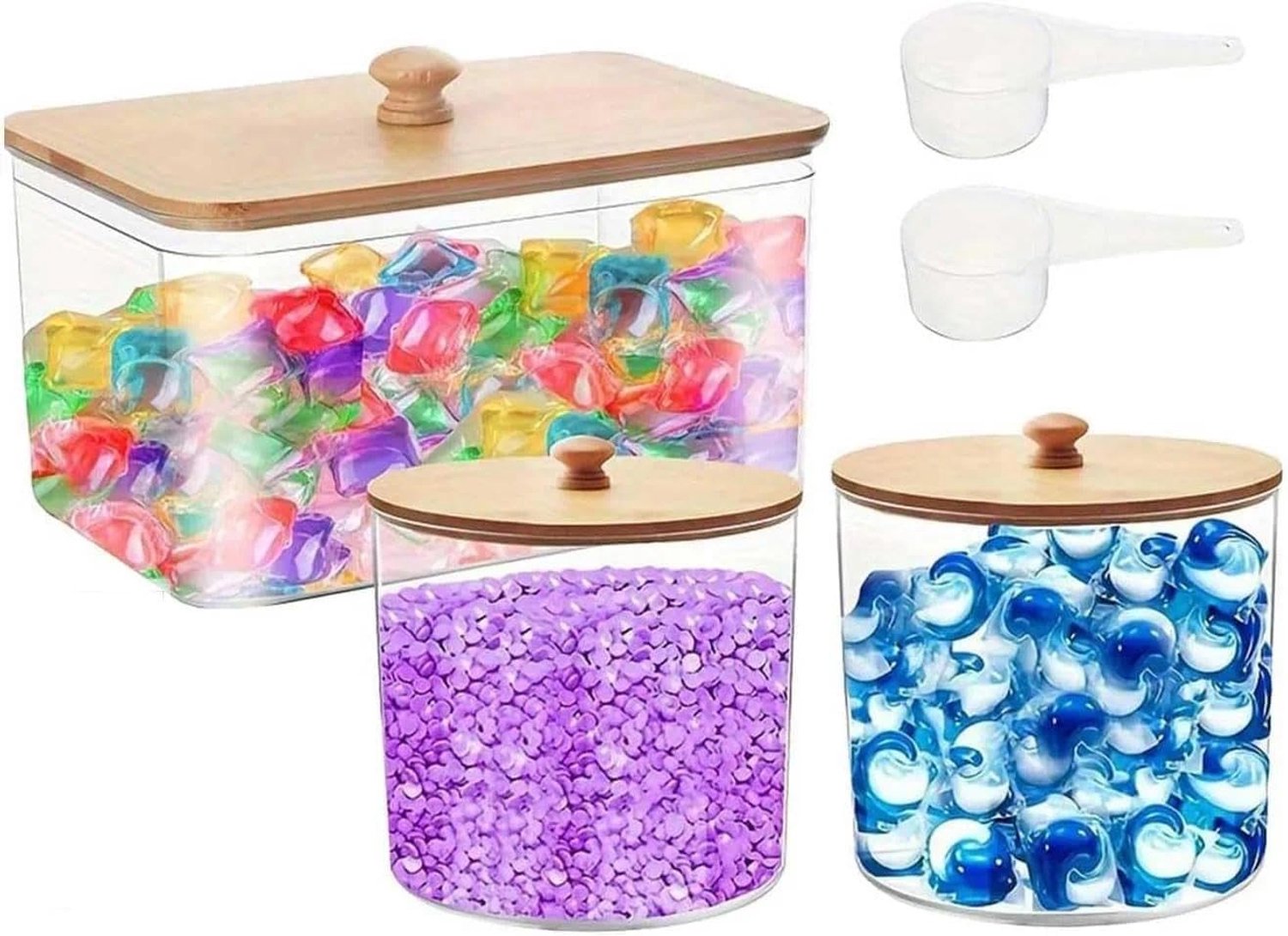 Opslagdoos voor wasmiddel en waspoeder met stickers, houten deksel en lepel; ideaal voor het bewaren van vloeibaar wasmiddel, wascapsules en poeder.
