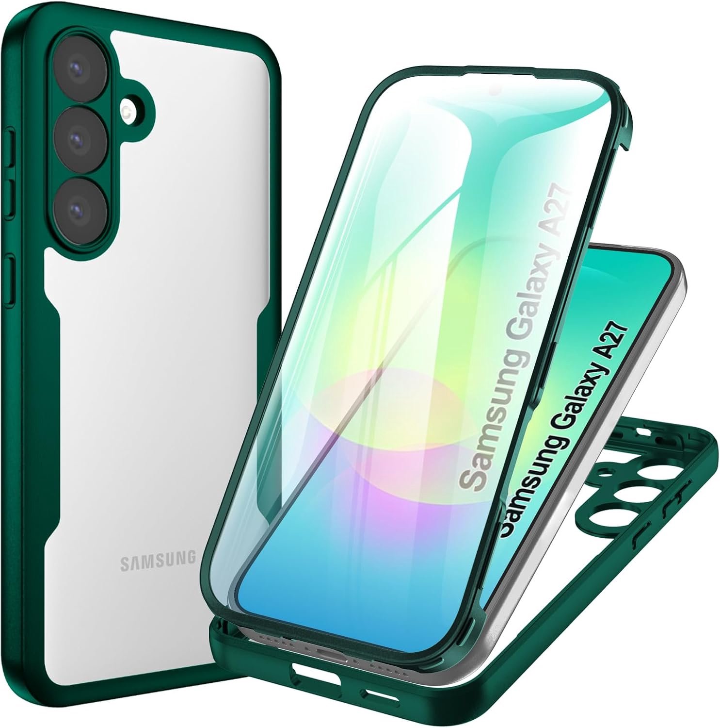 Beschermhoes voor Samsung Galaxy A27 5G, schokbestendig, 360° bescherming, met geïntegreerde displaybescherming, robuust, dubbelzijdig, ultradun, transparant, bumper voor Samsung A27, groen