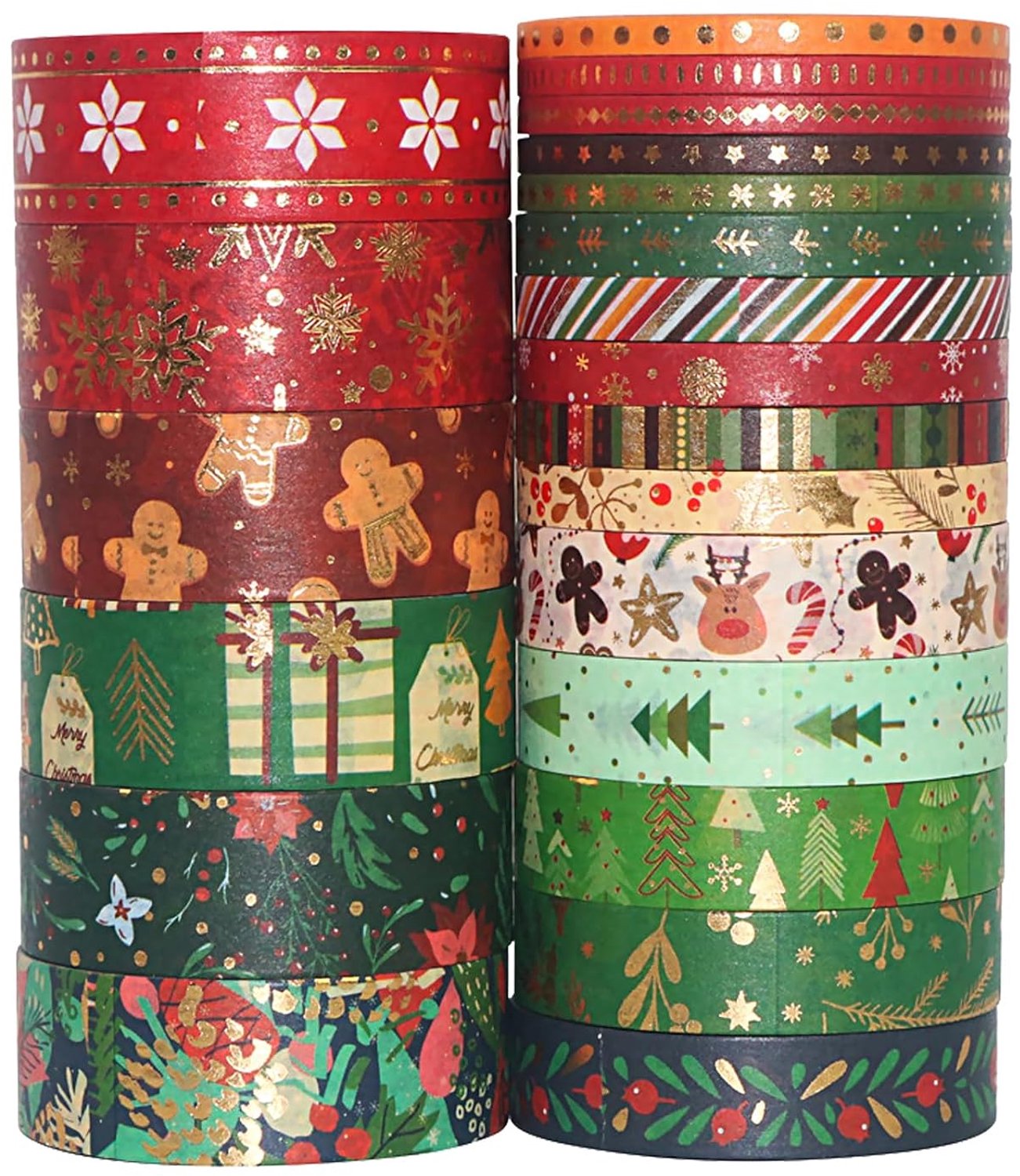 21 Rollen Washi Tape Kerstmis, Kerstmis Washi Tape Set Zelfklevend, Kleefband Veelkleurig voor DIY Kersthandwerk, Scrapbooking, Cadeauverpakking (4 maten)