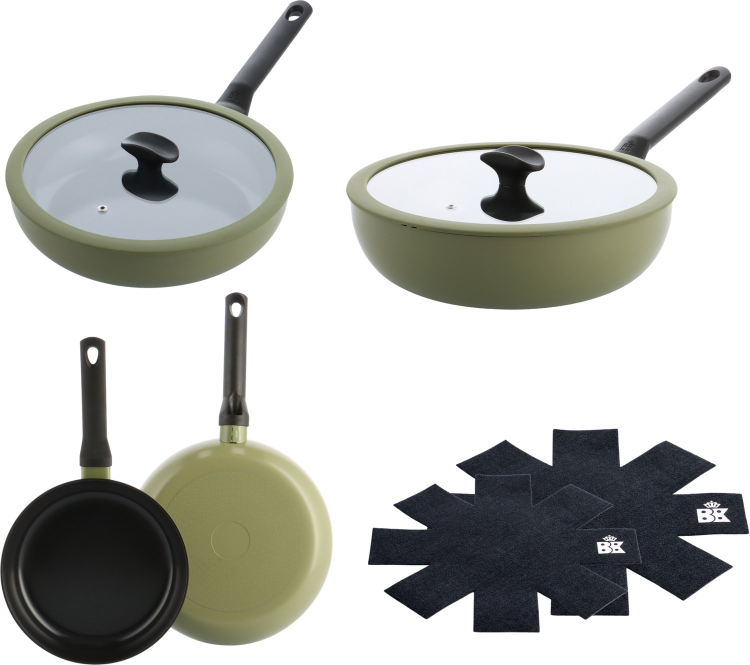 BK Enjoy Pannenset 4-delig - Koekenpan 24/28cm - Hapjespan met deksel 28cm/3.4L -Wokpan met deksel 28cm/4.2L - PFAS-vrije antikleeflaag - Pannenset inductie - Keramische pan - Ovenbestendig tot 160°C - Koudgrepen - Met Pan protectors - Olijfgroen
