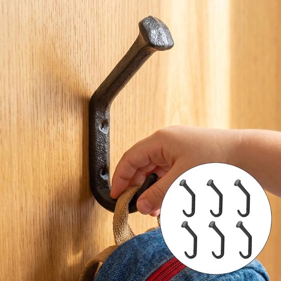 6 Stuks Delige Robuuste Gietijzeren Wandhaken met Ergonomische Kromming Industriële Retro Spijkervormige Kapstokhangers voor Zware Jassen Tassen Keukengerei in Landelijke Stijl — afbeelding 2