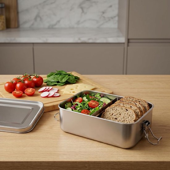 2 stuks roestvrijstalen broodtrommel met vakken, 850 ml en 1400 ml, lunchbox, metaal, lekvrij, broodtrommel met beweegbare scheidingswand, roestvrijstalen broodtrommel voor werk, picknick — afbeelding 5