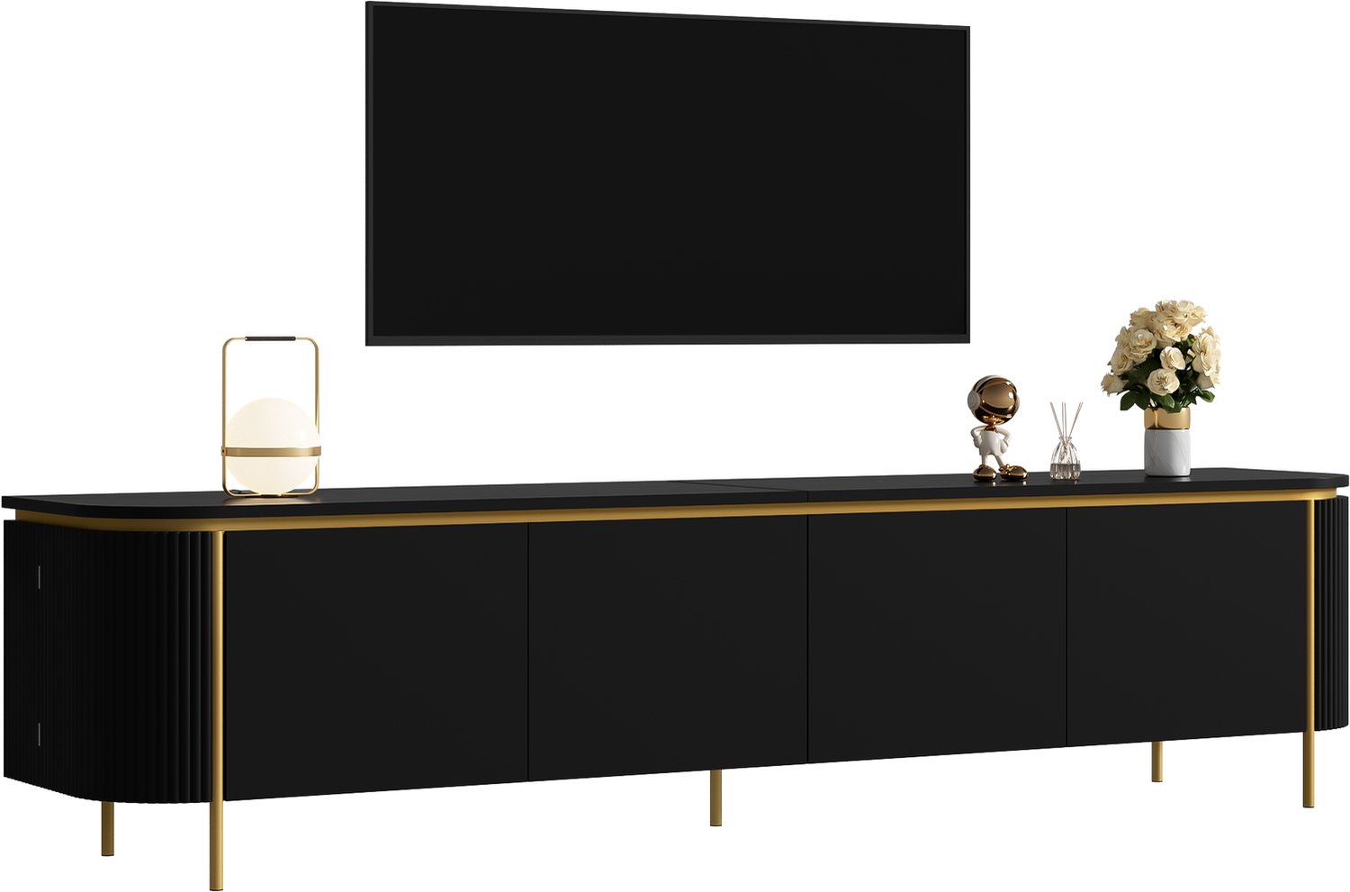Clruro TV-Meubel - 180×38×46 cm - 6 Greeploze Deuren - Kabeldoorvoer - MDF/IJzer - Zwart
