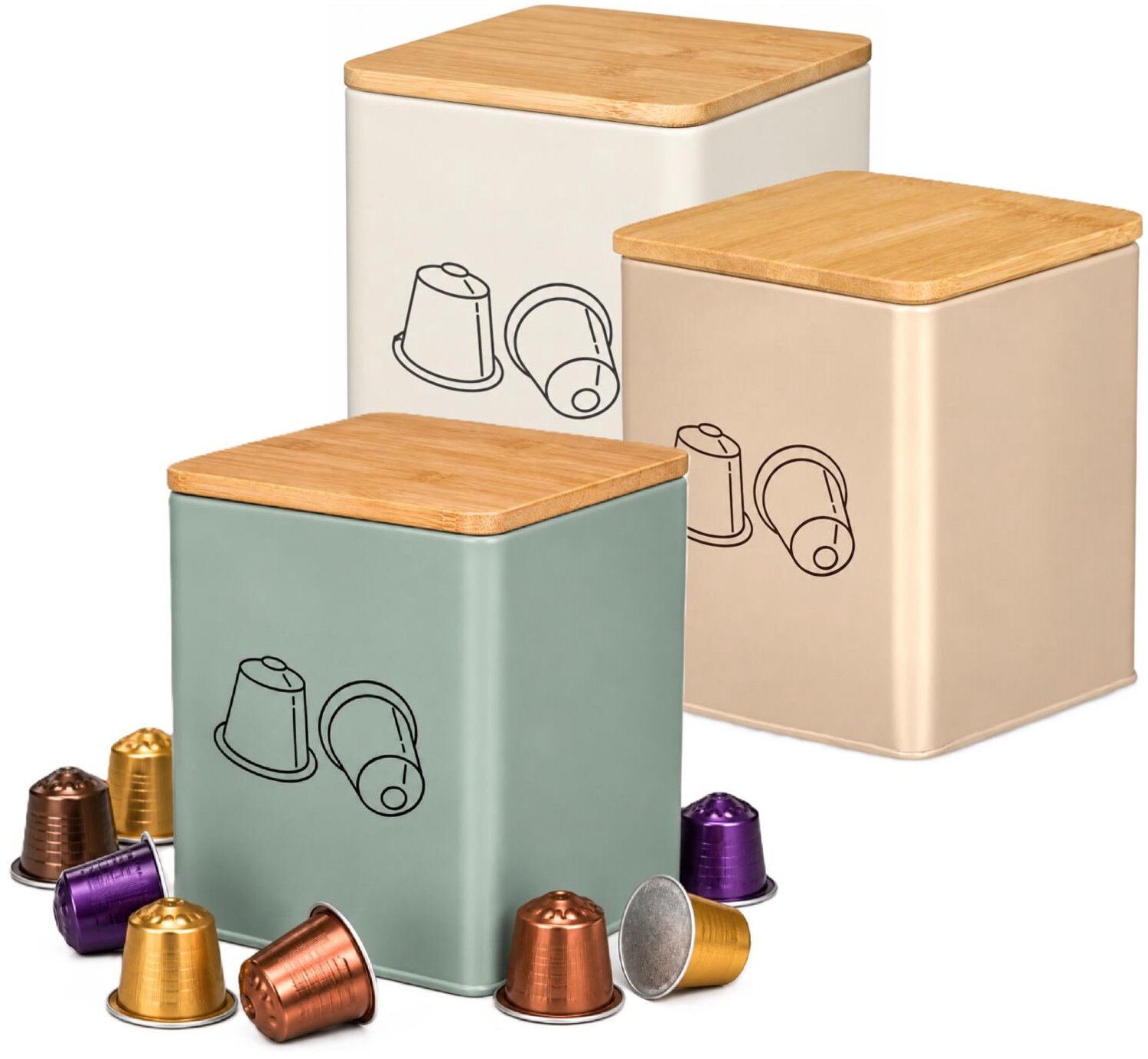 Kinvara Koffie cups/capsules houder - set van 3 - metaal - 14 x 14 x 16 cm - voor 150 capsules