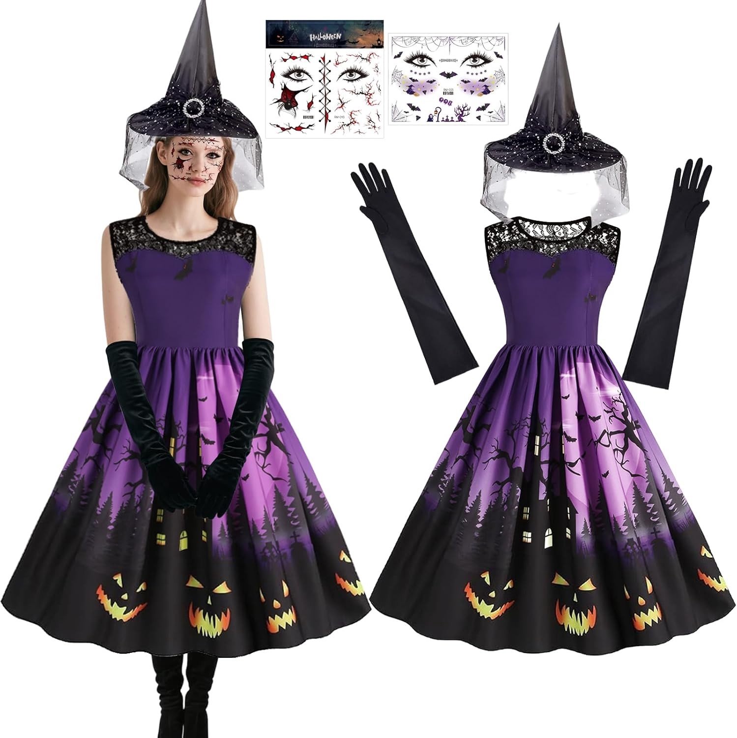 Vrouwelijk heksen kostuum met hoed, handschoenen en jurk voor Halloween en carnaval - 5-delige set voor volwassenen met gezichtstickers en mouwloze jurk