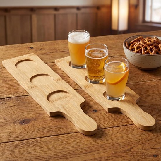 2 Stuks Bamboe Bierflight Boards met Lekvrije Glazenhouder Serveertray voor Bier Wijnproeverij Sauzen Geschikt voor Thuis Bar Restaurant — afbeelding 4