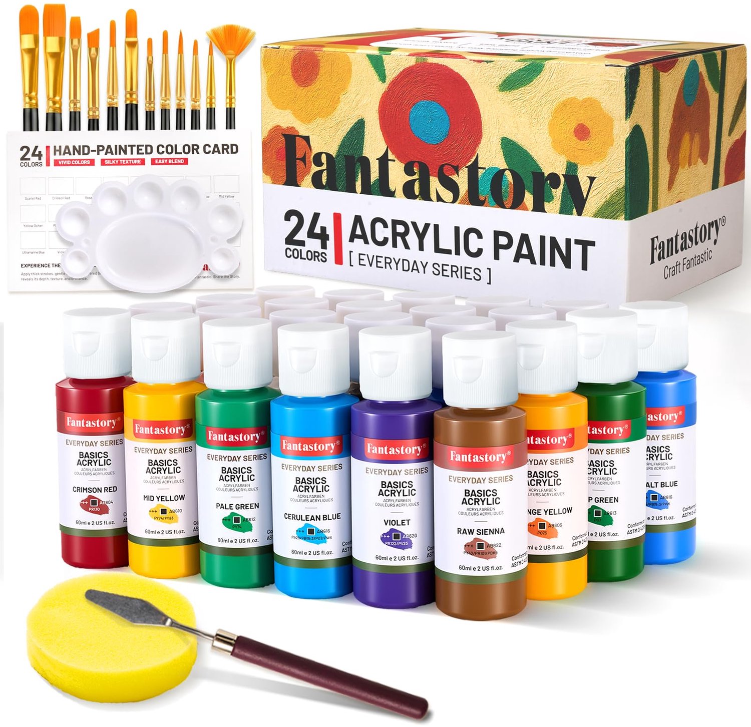 Fantastory Acrylverfset, 24 x 60 ml met 16-delige accessoires, hoge dekking en waterbestendig, acrylverfset voor canvas, hout, stenen en knutselen