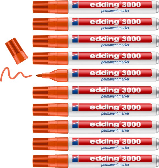 Rij van tien oranje edding 3000 permanente markers met rode doppen en de tekst 'edding 3000 permanent marker'. Een marker is open met een oranje punt en er is oranje inkt getekend.