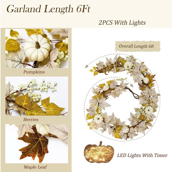 2 stuks herfstdecoraties voor thuis 1,5 meter herfstslinger met verlichting, neppompoen bessen herfst esdoornbladeren slinger voor mantel Halloween Thanksgiving oogst open haard feest, herfst decor — afbeelding 5