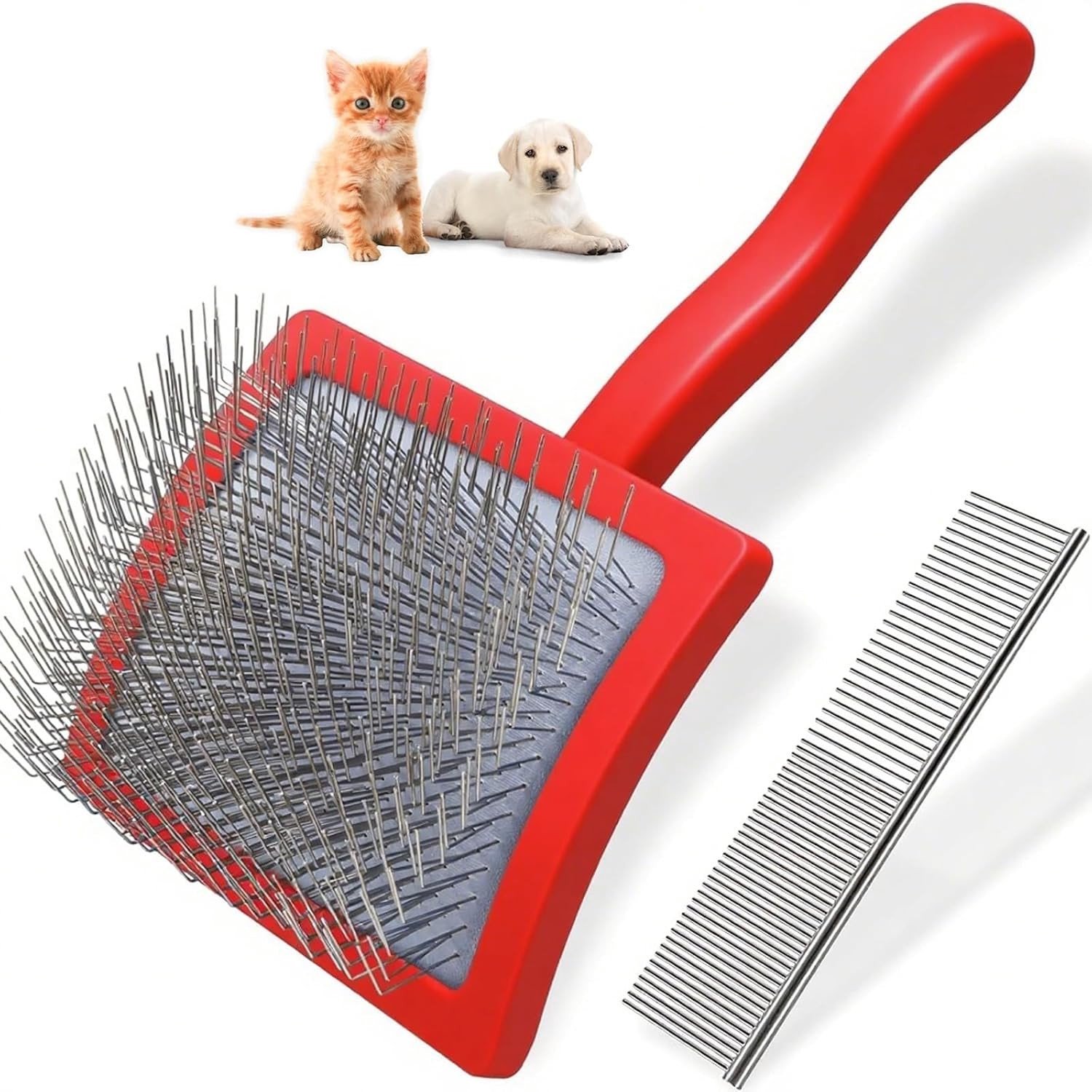 Haarverwijderingsborstel voor Honden en Katten met Flexibele RVS Haren, Ergonomisch Handvat, Ideaal voor Middelgrote en Grote Huisdieren