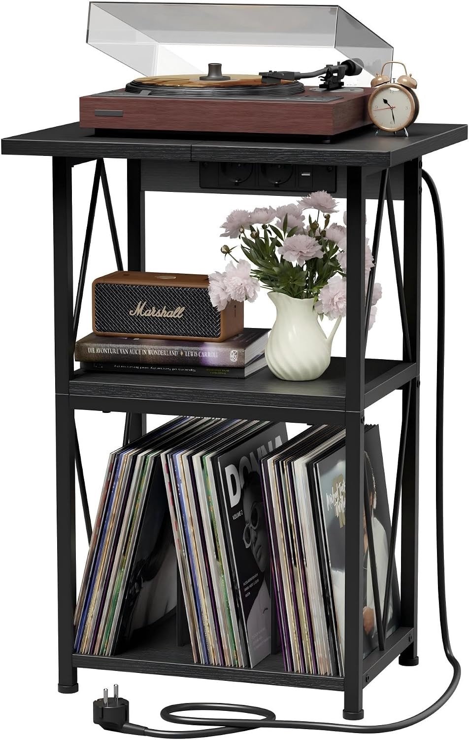 Platenrek met Laadstation - Zwart - 50 x 40 cm - Houten Platenopslag met USB-poorten - Voor Woonkamer, Slaapkamer en Kantoor