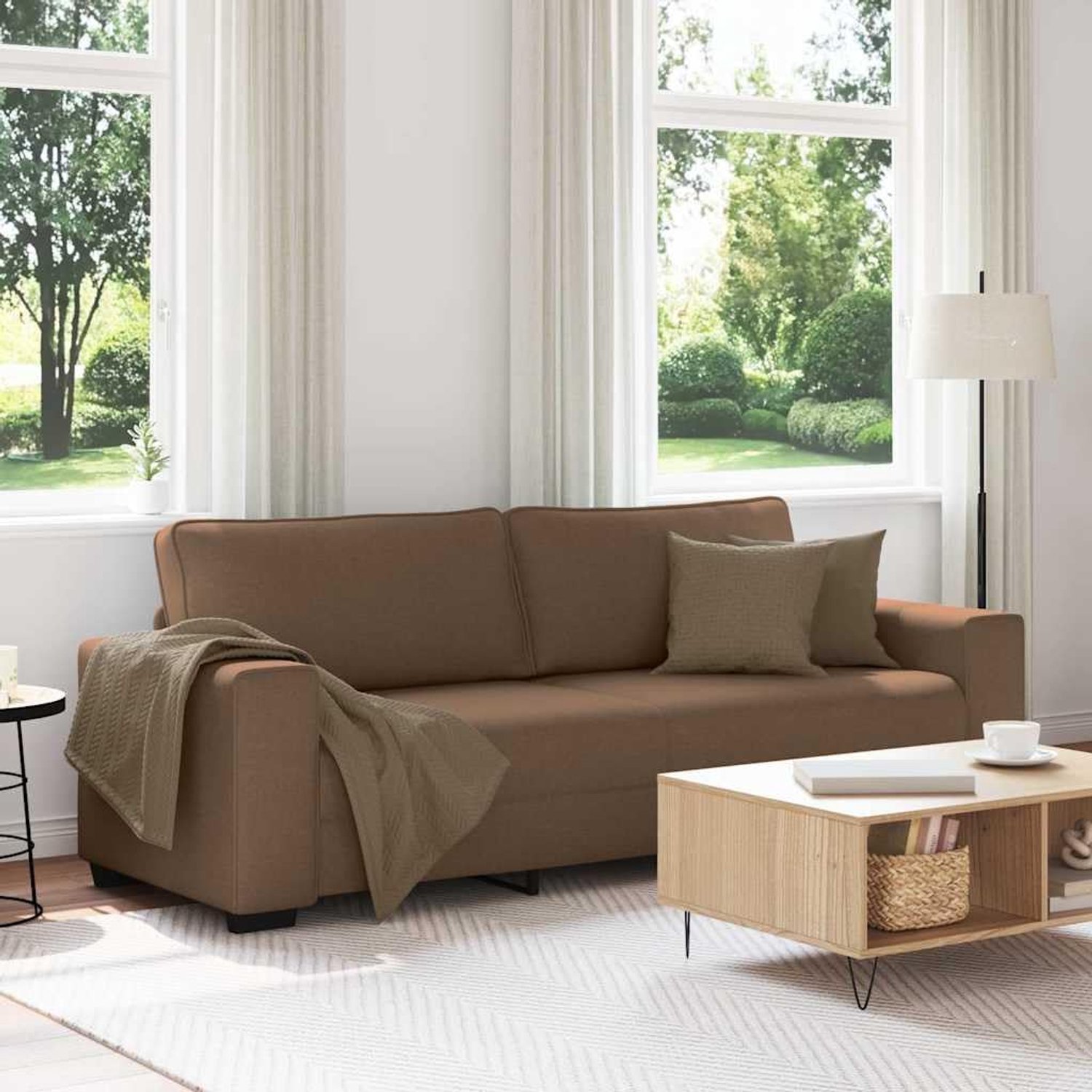 3-zitsbank, bruin, 180 cm, stof, woonkamer, polyesterweefsel, met brede armleuningen en robuust houten metalen frame voor hoog comfort en ontspanning