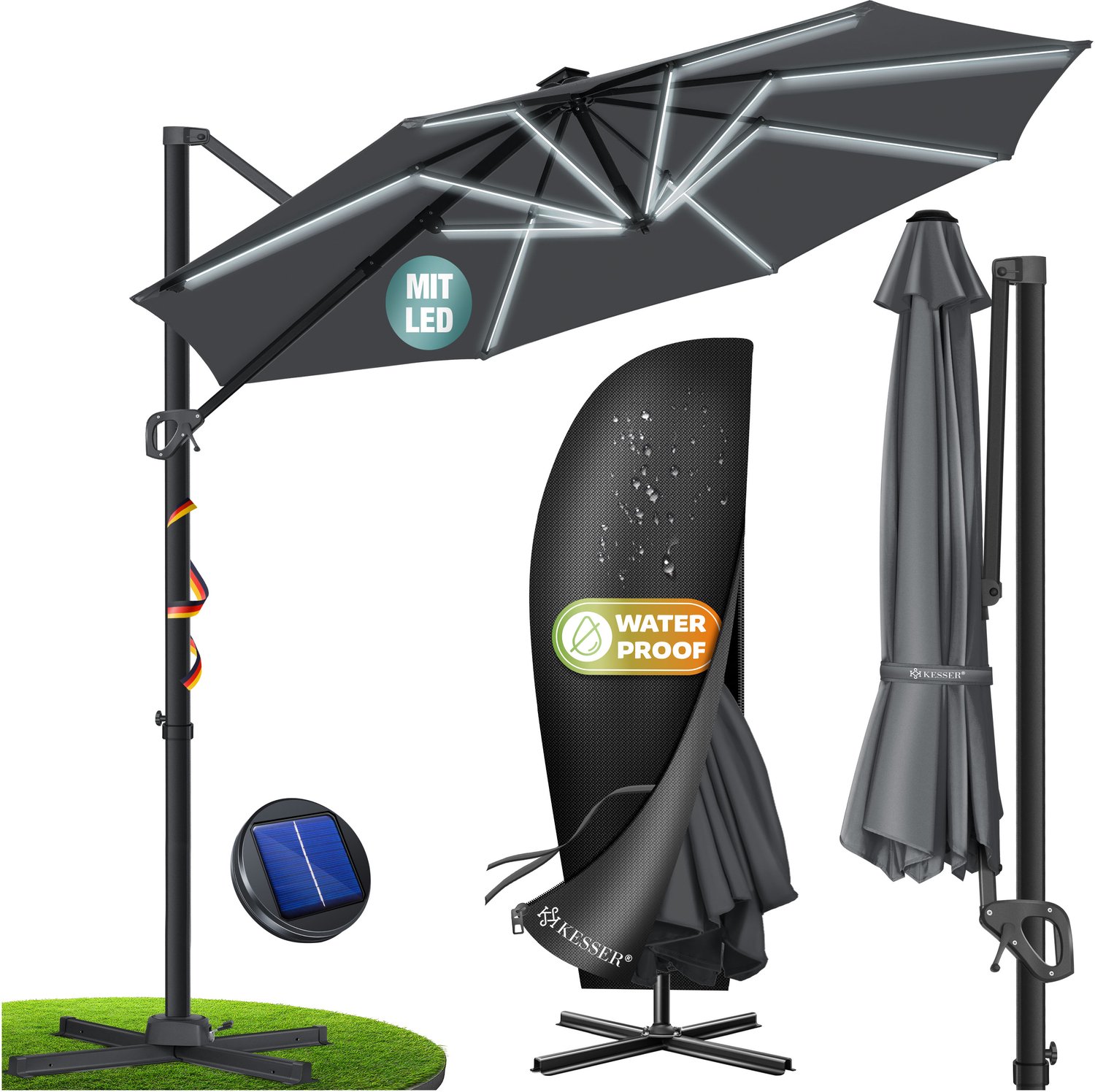 KESSER® SUN Zweefparasol XL Ø330 cm met LED Solar Verlichting - Parasol Inclusief Beschermhoes 360° Draaibaar UV50+ Tuinparasol Zonne-energie - Antraciet