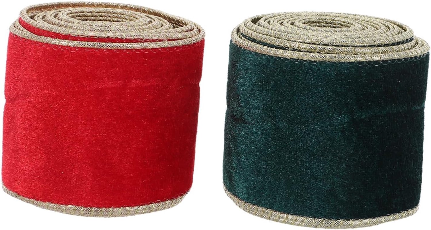 2 Rollen Kerstlint van Zacht Fluweel met Gouden Rand Breed Yards Rood Groen Polyester Lint voor Cadeaus Kerstboomdecoratie Kransen