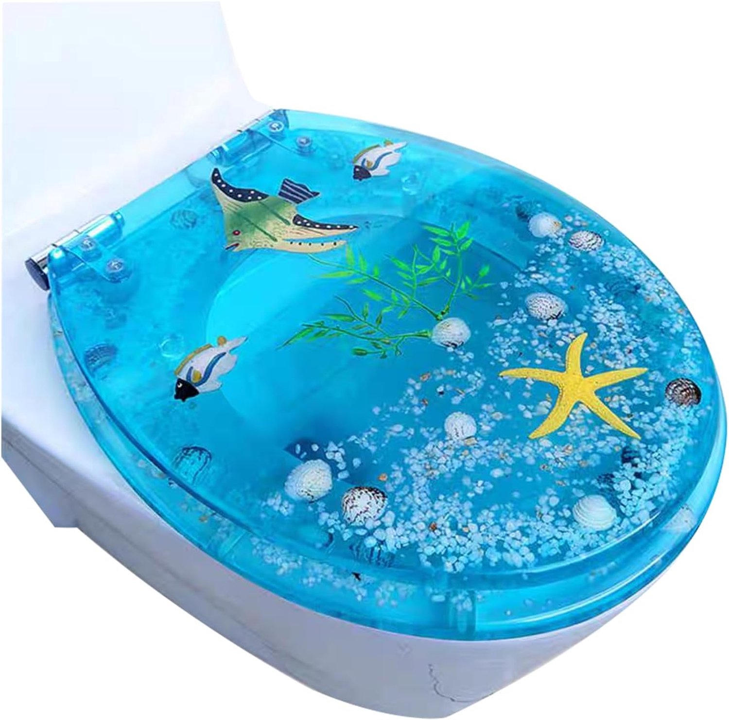 Toiletbril rond met antislip zitbumpers, universeel, stil sluitend, nooit los en eenvoudig te installeren, toiletbril van hars, blauw, past standaard