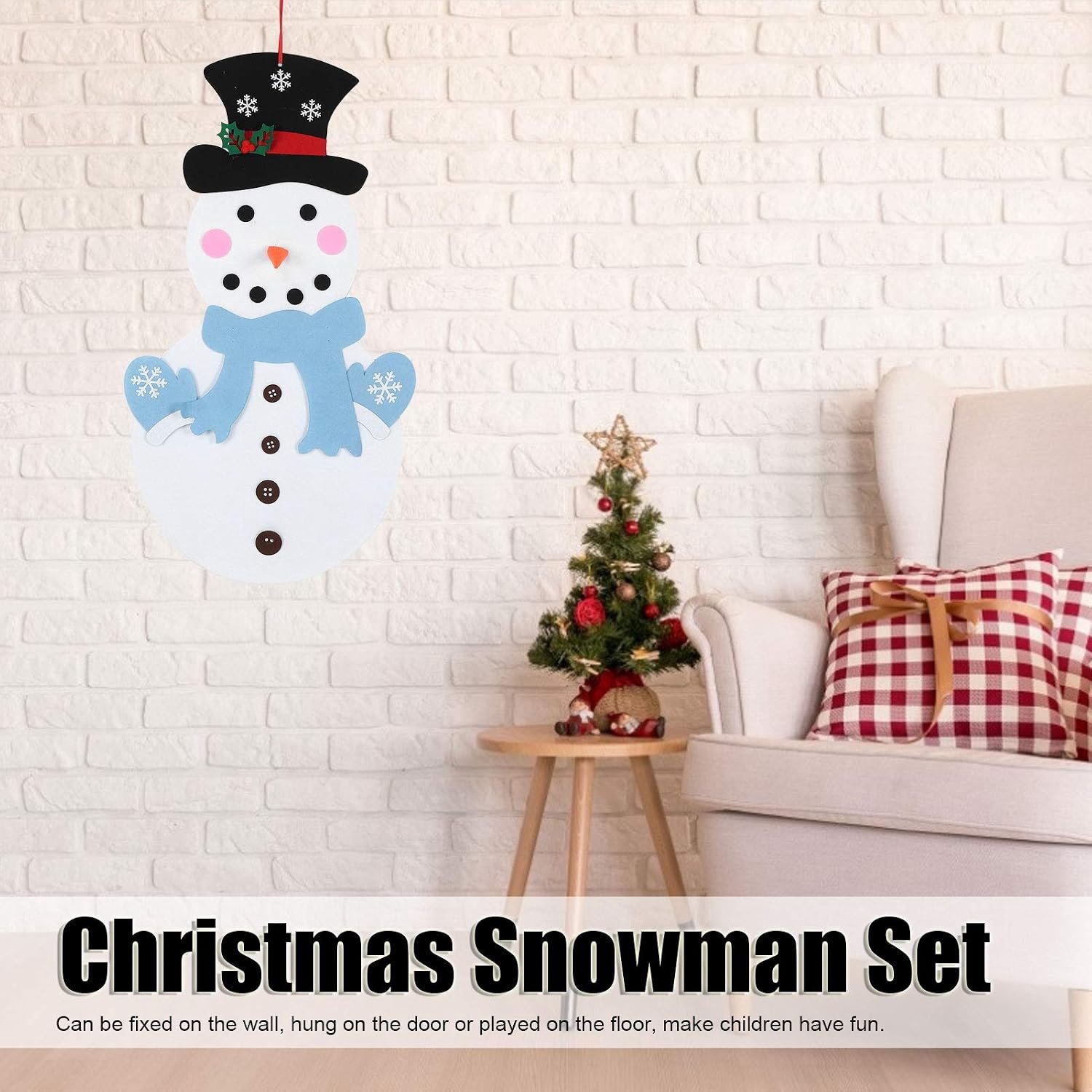 Chrees DIY Vilten Kerstsneeuwmanset, Afneembaar Ornament voor Muurhangend Decor met Spel voor 2-8 Spelers (Blauwe sjaal sneeuwpop)