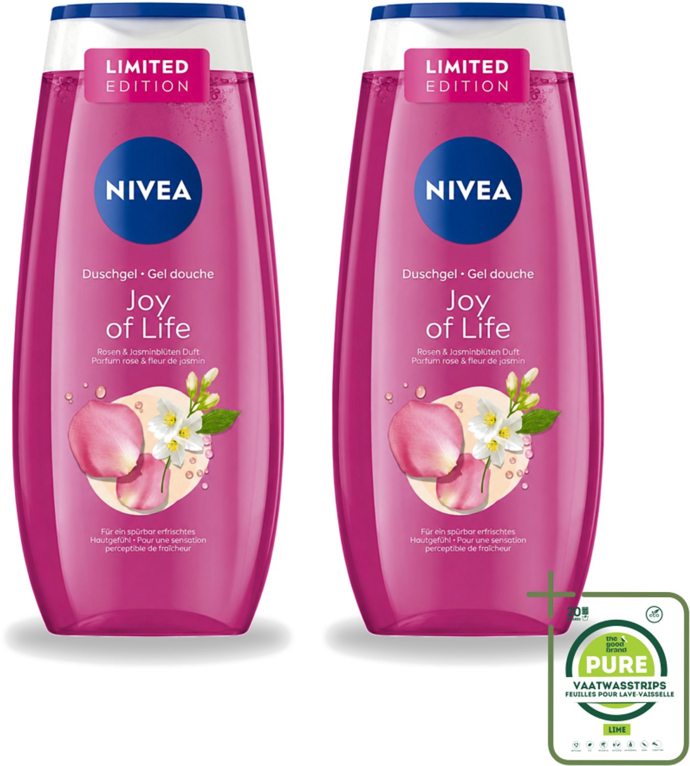 2 x Nivea - Douchegel - Joy of Life - Verfrissend Effect - 250 ml - Grootverpakking - Vaatwasstrips - Douchegel - Frisse Geur - Rozen - Jasmijn - Huidverzorging
