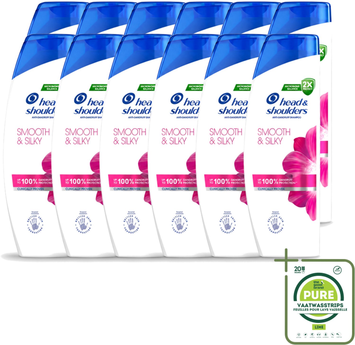 12 x Head & Shoulders - Shampoo - Smooth & Silky - 250ml - Grootverpakking - Vaatwasstrips - Roosvrij Haar - Glad Haar - Zijdezacht Haar - Droog Haar - Pluizig Haar