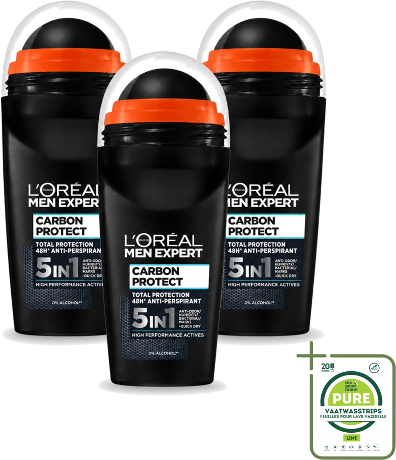 3 x L’Oréal Paris Men Expert – Deodorant Roller – Carbon Protect 5-in-1 – 50 ml - Grootverpakking - Anti-transpirant - Deodorant - Zweet - Geur - Vlekken