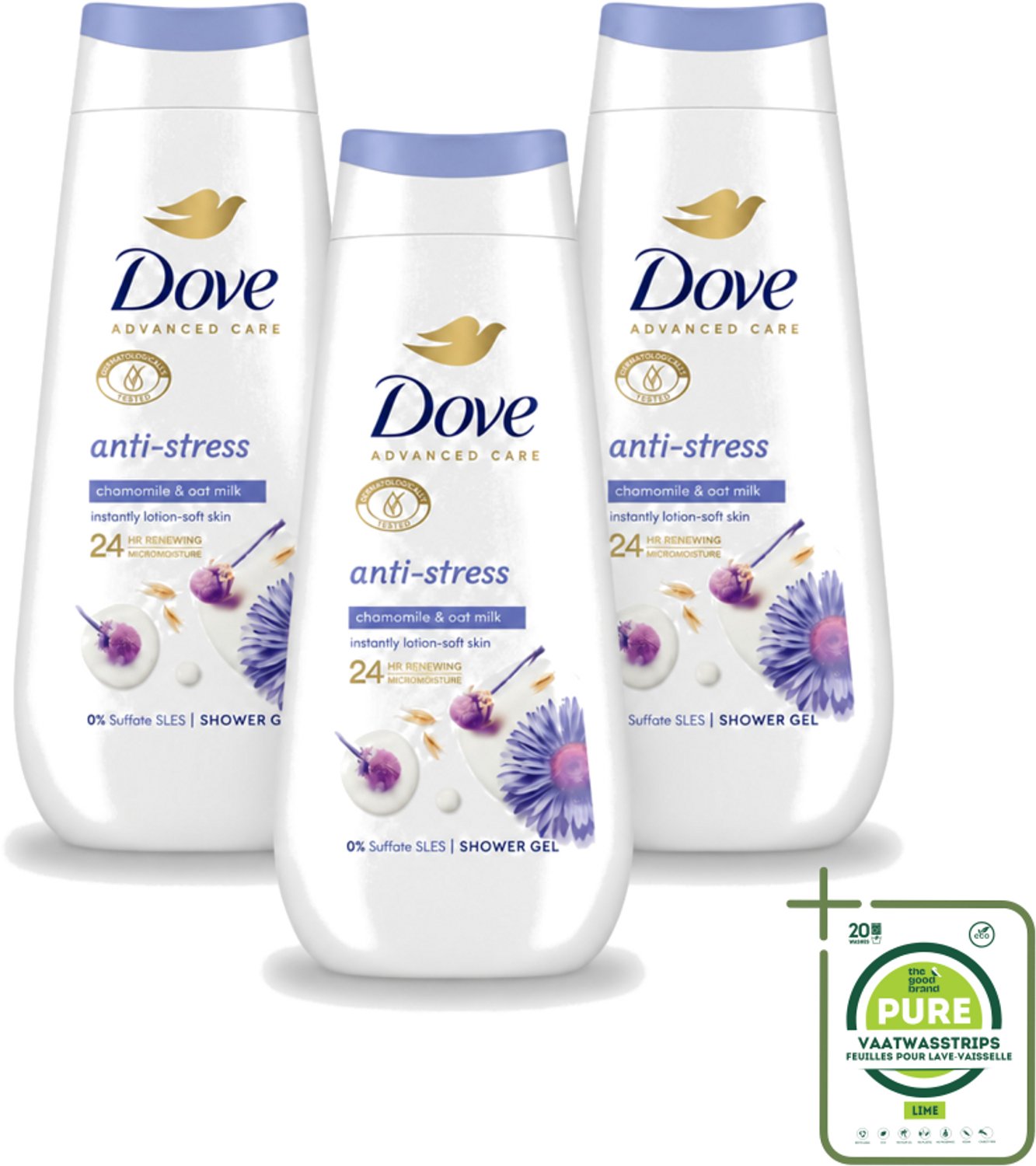 3 x Dove – Douchecrème – Anti-Stress – 225 ml - Grootverpakking - Vaatwasstrips - Douchecrème Anti-stress - Ontspannende Douchecrème - Droge Huid Verzorgen - Hydratatie - Blauwe Kamille