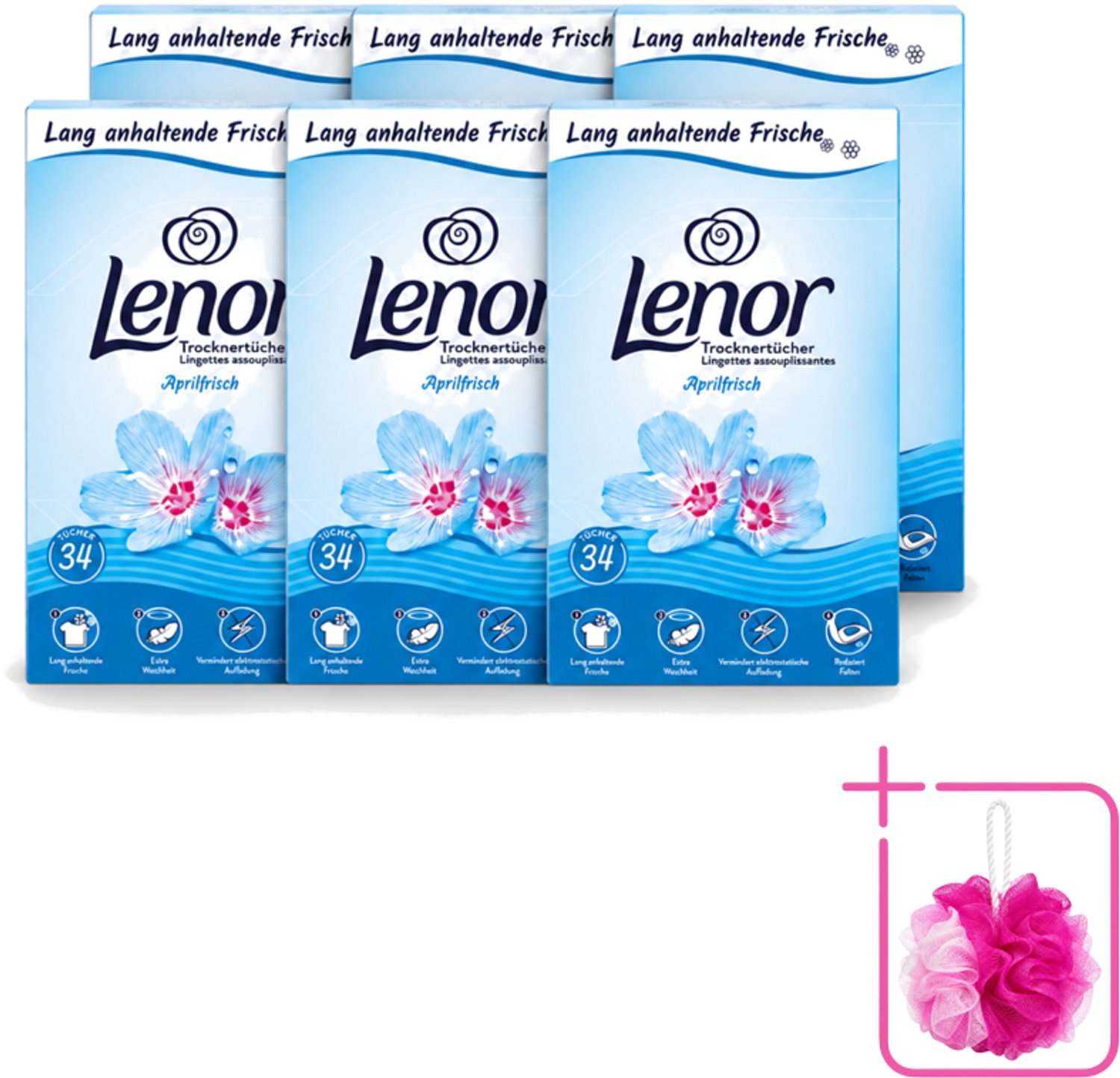 6 x Lenor - Droogtrommeldoekjes - Aprilfris - Textielverfrisser - 34 Doekjes - Bulkverpakking - Droogtrommeldoekjes - Douchemop - Frisheid