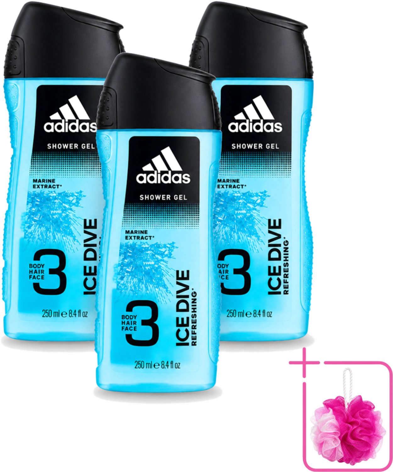 3 x Adidas - 3-in-1 Douchegel - Ice Dive Refreshing - Marine Extract - 250 ml - Bulkverpakking - Adidas Ice Dive Douche en Shampoo - Douchemop - Verfrissend