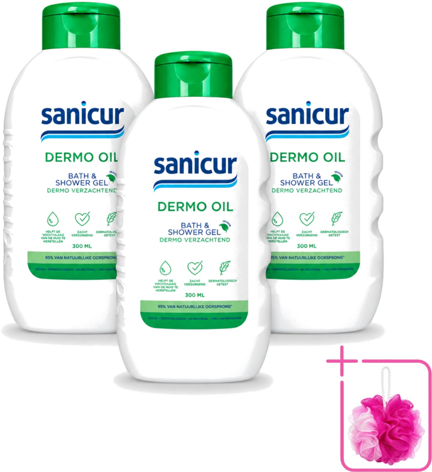 3 x Sanicur – Bad & Douchegel – Dermo-Oil – 300 ml - Bulkverpakking - Bad en douchegel - Douchemop - Droge huid