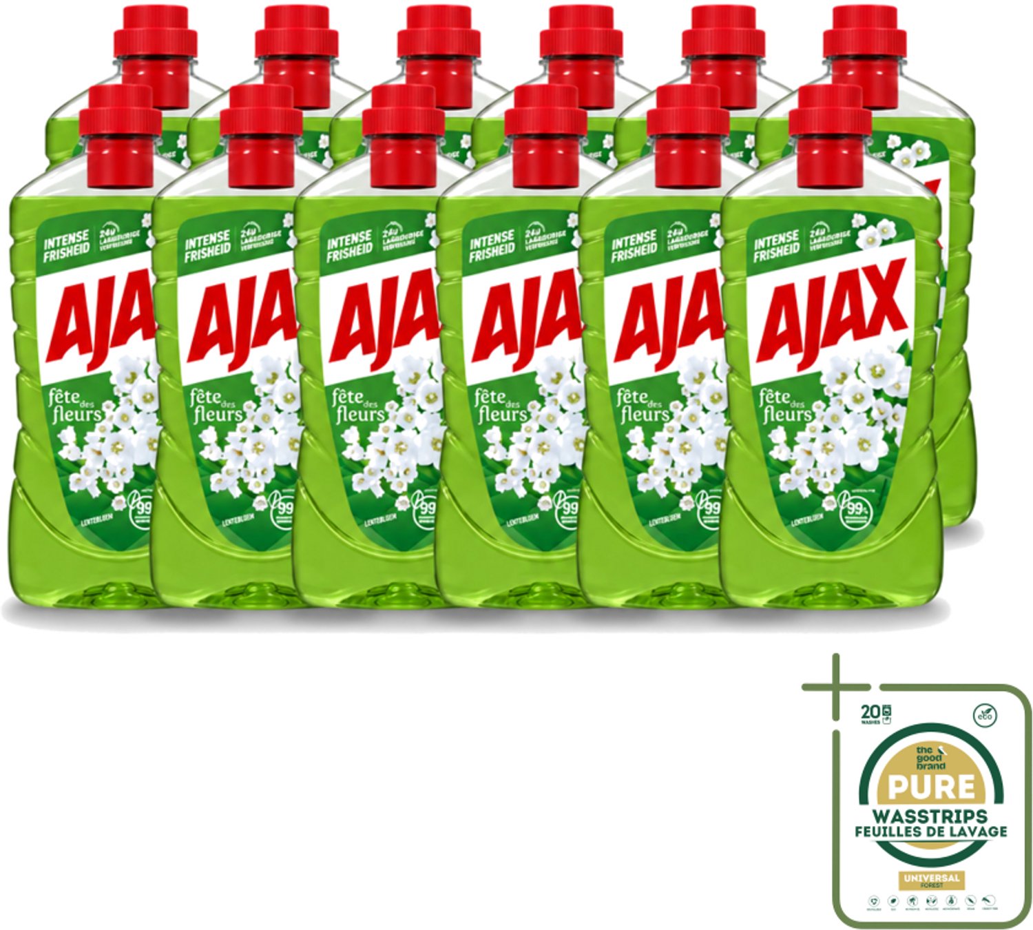 12 x Ajax - Allesreiniger - Fête des Fleurs - Lentebloem - Met Essentiële Oliën - 1 L - Wasstrips - Allesreiniger - Reinigingskracht - Frisheid - Natuurlijke Geur - Essentiële Oliën