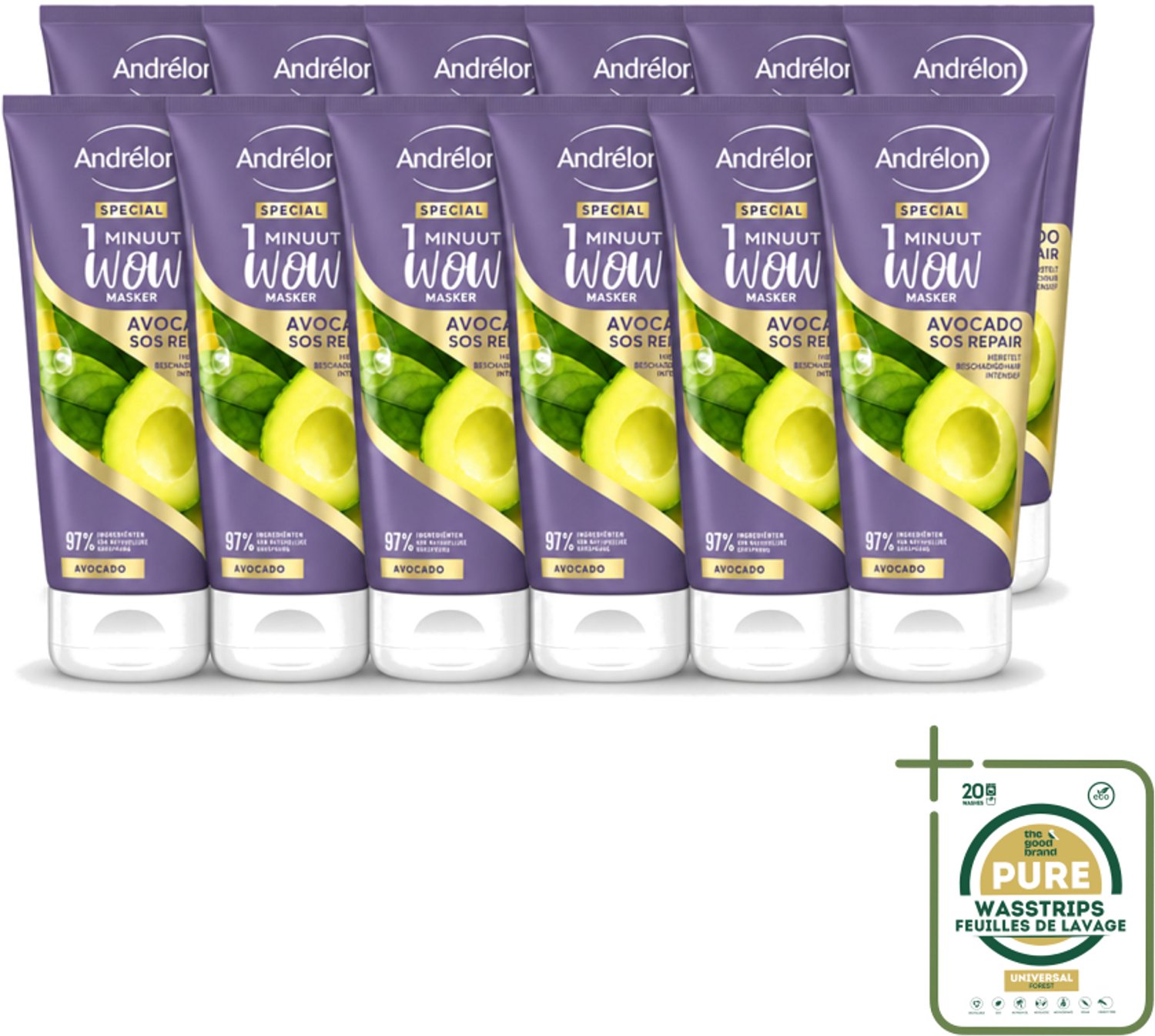12 x Andrélon - 1 Minuut Wow Haarmasker - Avocado SOS Repair - 180 ml - Wasstrips - 1 Minuut Herstel - Beschadigd Haar Herstel - Avocado Haarmasker - Haarmasker 1 Minuut - Haarmasker Voor Beschadigd Haar