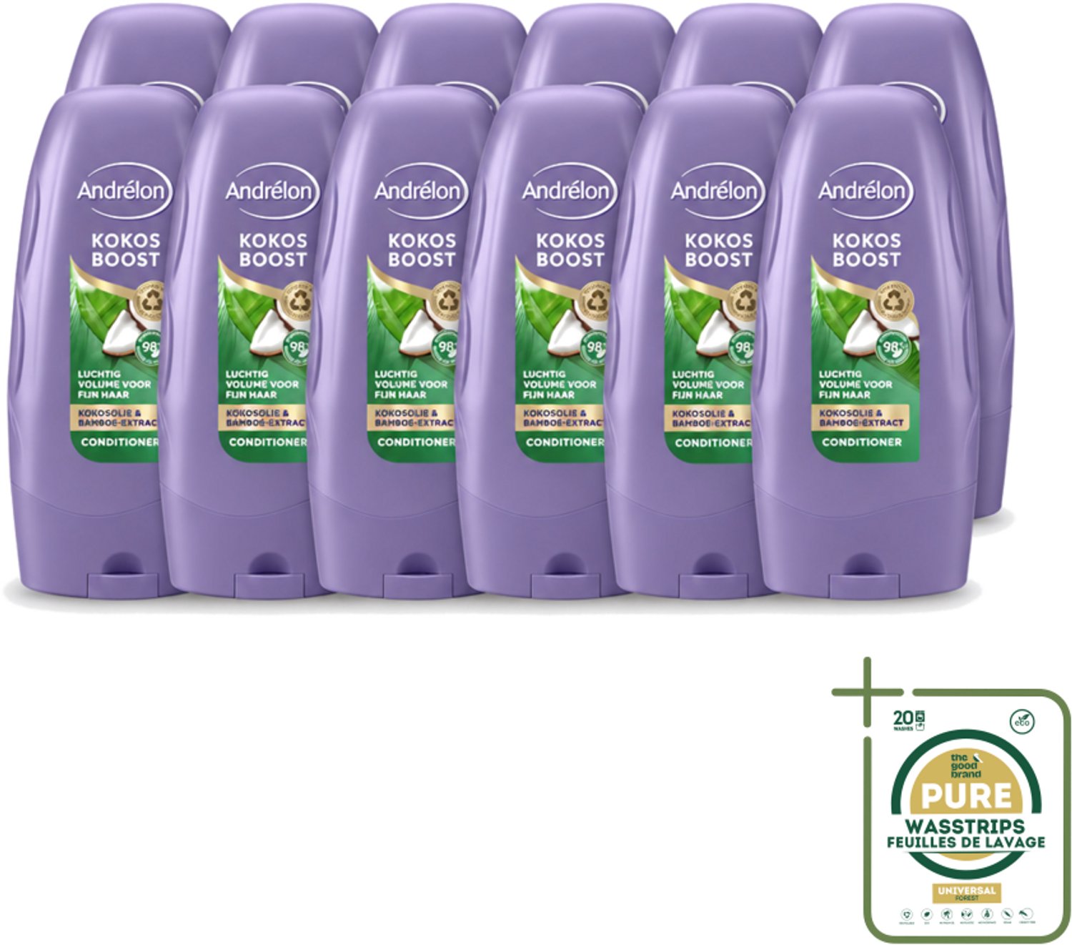 12 x Andrélon - Kokos Boost - Conditioner - Intensieve Voeding - 250 ml - Wasstrips - Fijn Haar - Volume - Voeding - Kokosolie - Bamboe-extract