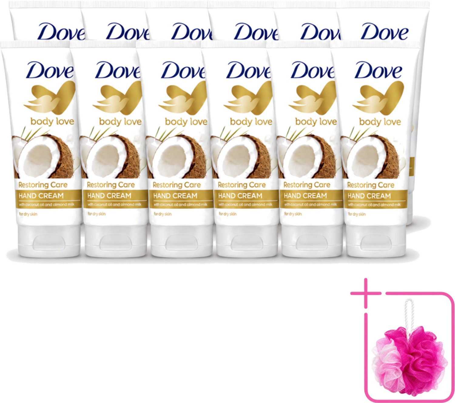 12 x Dove - Handcrème - Body Love Restoring Care - Kokos & Almond - Hydraterend - Droge huid - 75 g - Bulkverpakking - Handcrème - Douchemop - Droge huid
