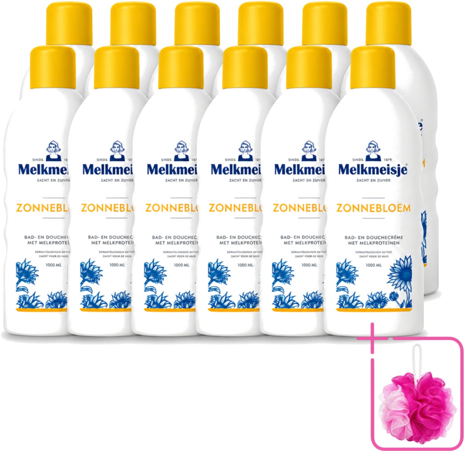 12 x Melkmeisje - Bad & Douche Zonnebloem - Romig Parfum - 1000 ml - Bulkverpakking - Douchecrème - Douchemop - Melkmeisje