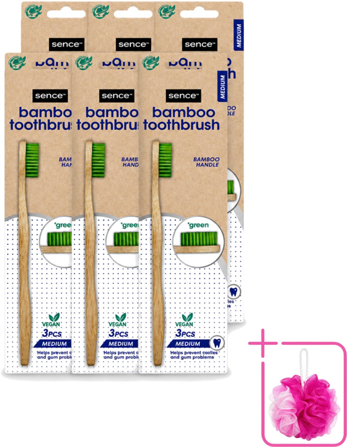 6 x Sence - Bamboo - Tandenborstels - Medium - Set van 3 - Groen - Bulkverpakking - Tandenborstel - Douchemop - Duurzaamheid