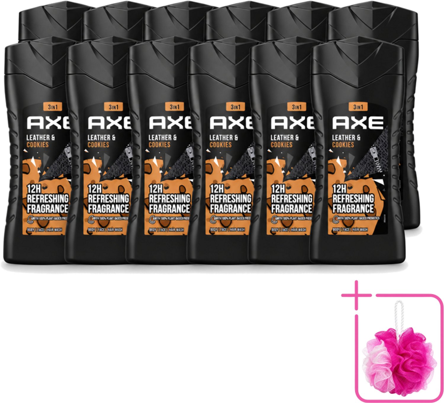 12 x Axe - 3-in-1 Douchegel - Leather & Cookies - 100% Plantaardig - 250 ml - Bulkverpakking - Douchegel - Douchemop - Geur
