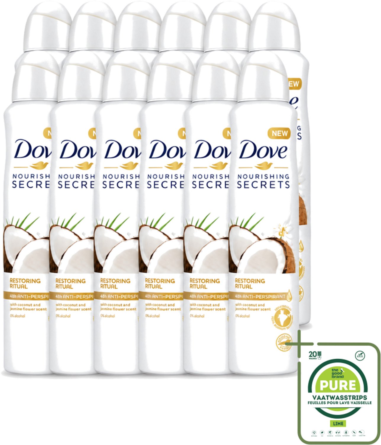 12 x Dove - Deodorant - Coconut & Jasmine Flower - Tropisch en verzorgend - 250 ml - Grootverpakking - Vaatwasstrips - Deodorant Spray - Kokos En Jasmijn - Zachte Oksels - Anti-transpirant Spray - Fris Gevoel