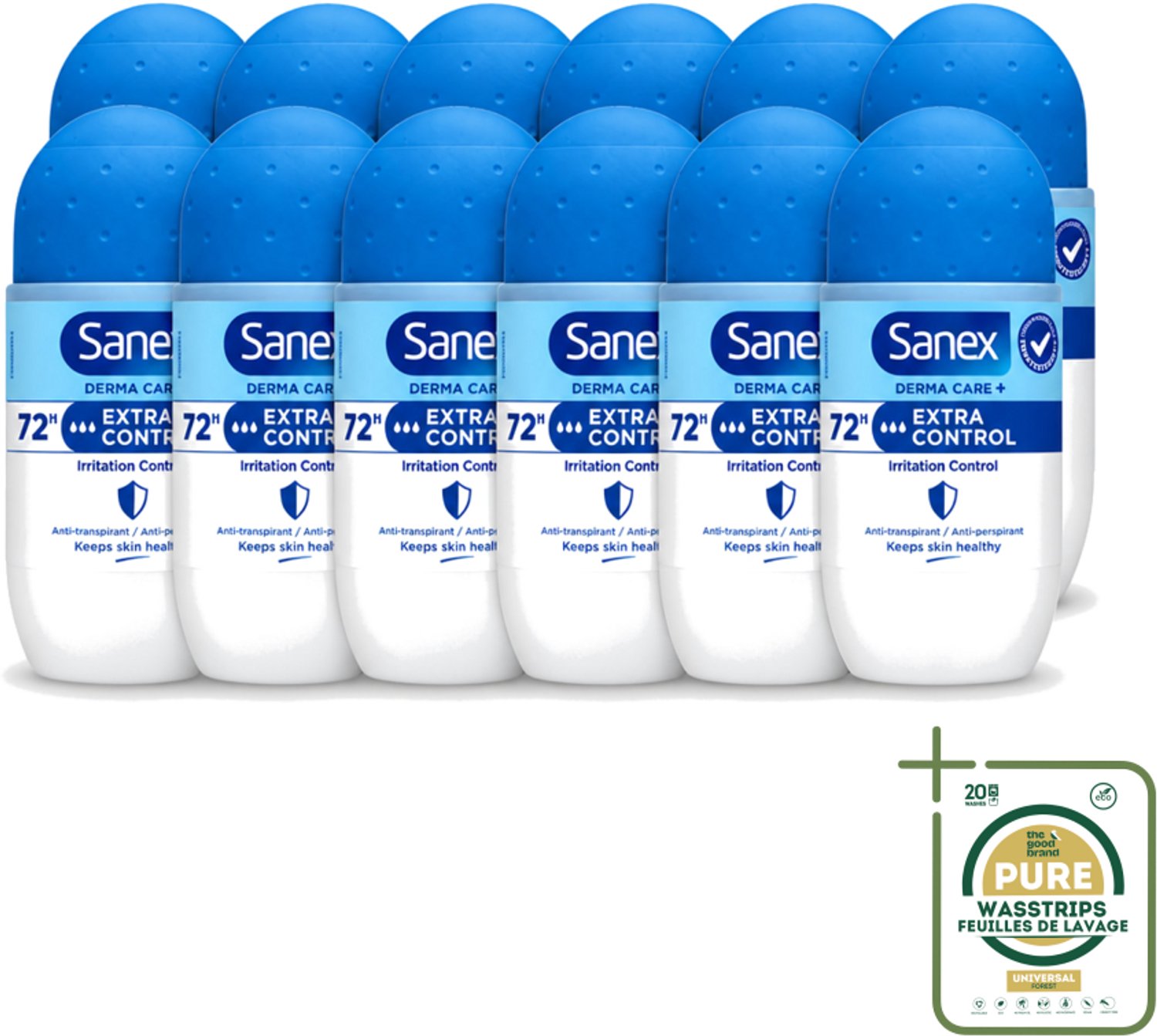 12 x Sanex – Deo Roll-on – Dermo Extra Control – 53 ml - Wasstrips - Anti-transpirant - Zweetvermindering - Huidbalans - Aluminiumchloride - Geur