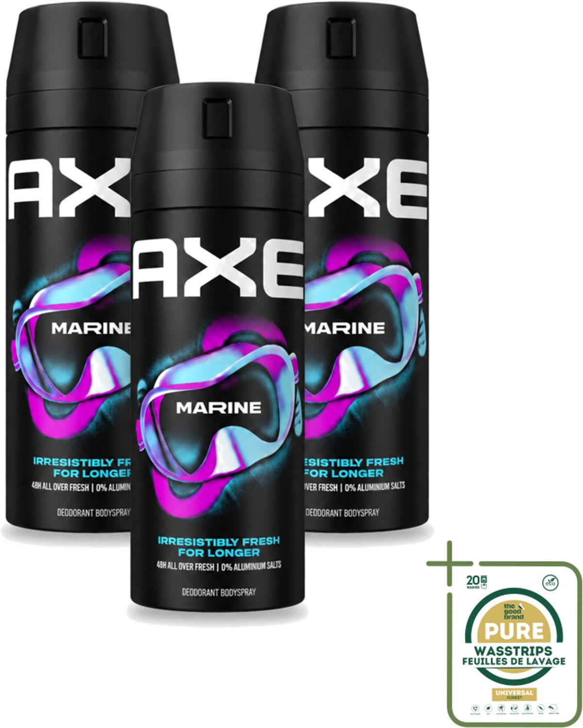 3 x Axe - Deodorant Bodyspray - 100% Fresh Fragrance - Marine - Sea Breeze & Sage - 150 ml - Wasstrips - Axe Marine - Deodorant Bodyspray - Zeebries - Salie - 48 Uur Geur