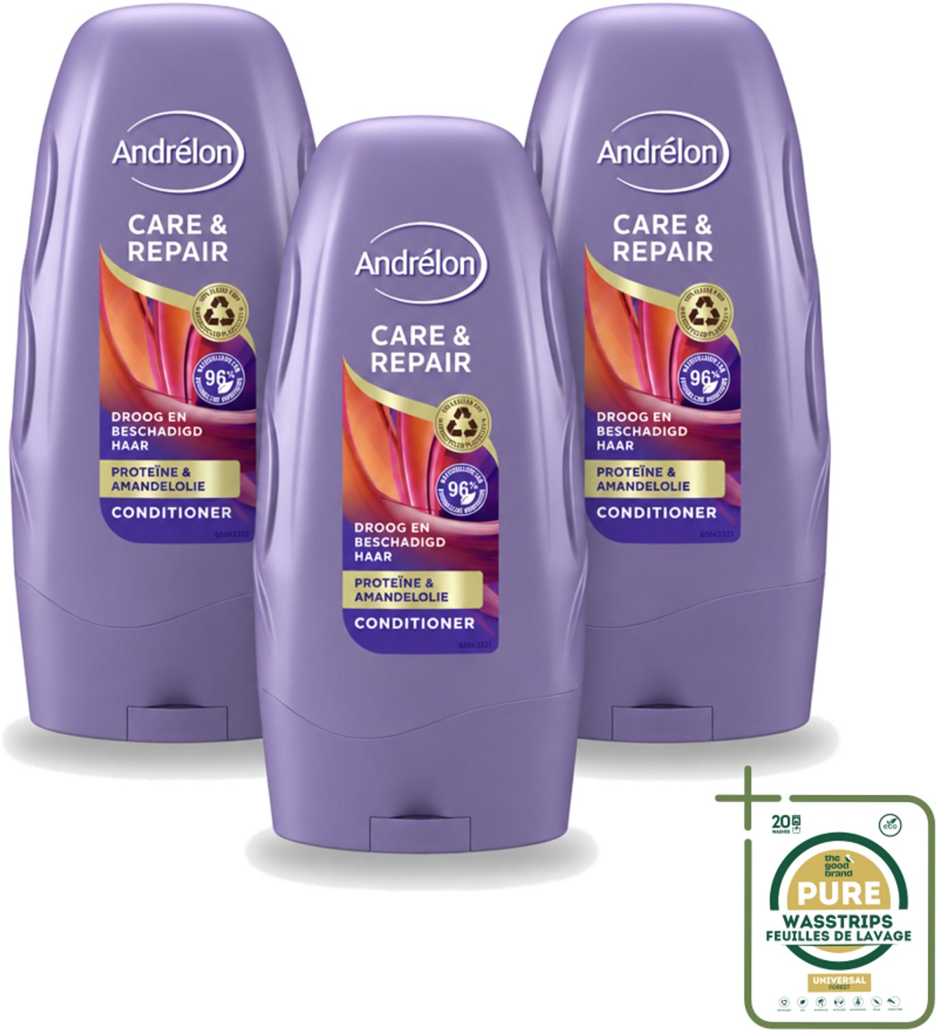 3 x Andrélon - Care & Repair - Conditioner - Voor Beschadigd Haar - 250 ml - Wasstrips - Herstel Haar - Beschadigd Haar - Proteïne - Amandelolie - Droog Haar