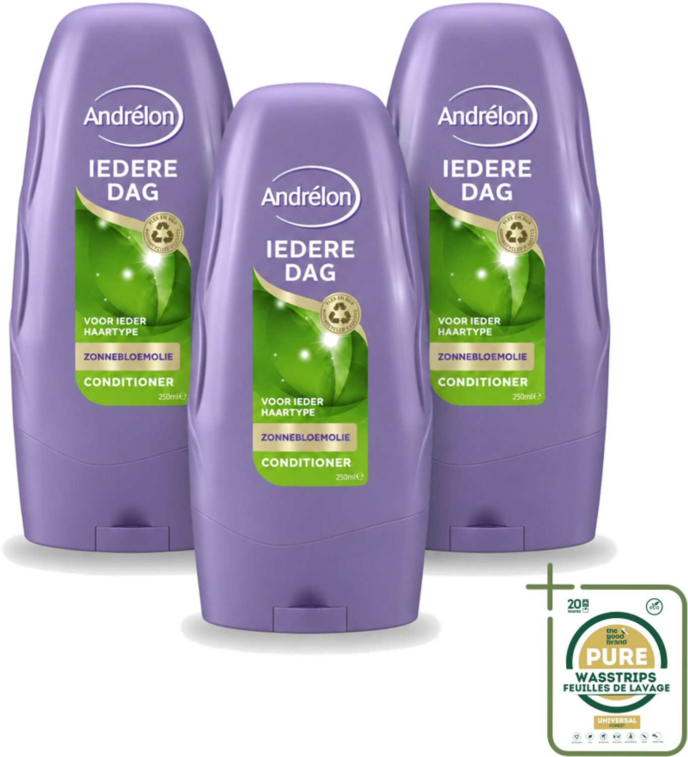 3 x Andrélon - Iedere Dag - Conditioner - Voor Dagelijks Gebruik - 250 ml - Wasstrips - Conditioner Voor Dagelijks Gebruik - Zonnebloemolie Conditioner - Gezond Haar - Glanzend Haar - Luchtig Haar
