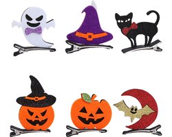 Set van 6 Halloween-haarspeldjes met cartoonfiguren (pompoen, spook, vleermuis, kat, hoed); leuke accessoires voor verkleedfeestjes.