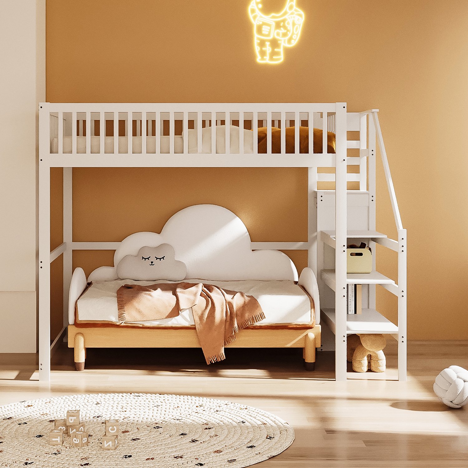 Merax Stapelbed 140x200cm met trap - kinderbed met opbergrek - eenvoudige kast - wit - zonder matras