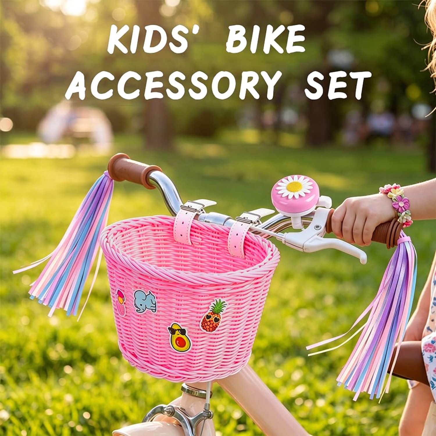 Fietsmand voor kinderen en meisjes, afneembaar, gevlochten van rotan met leren riemen, luchtslangen, fietsbel en - ShopVlot