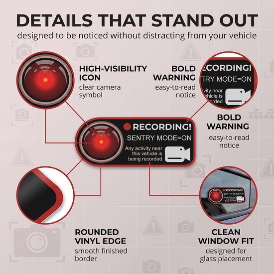 8 stuks waarschuwingsstickers videobewaking, statische raamstickers en buitenkleeffolie voor dashcam en Sentry Mode, camera-waarschuwingsbord voor auto en auto, 11 x 5 cm, zonder resten te — afbeelding 3