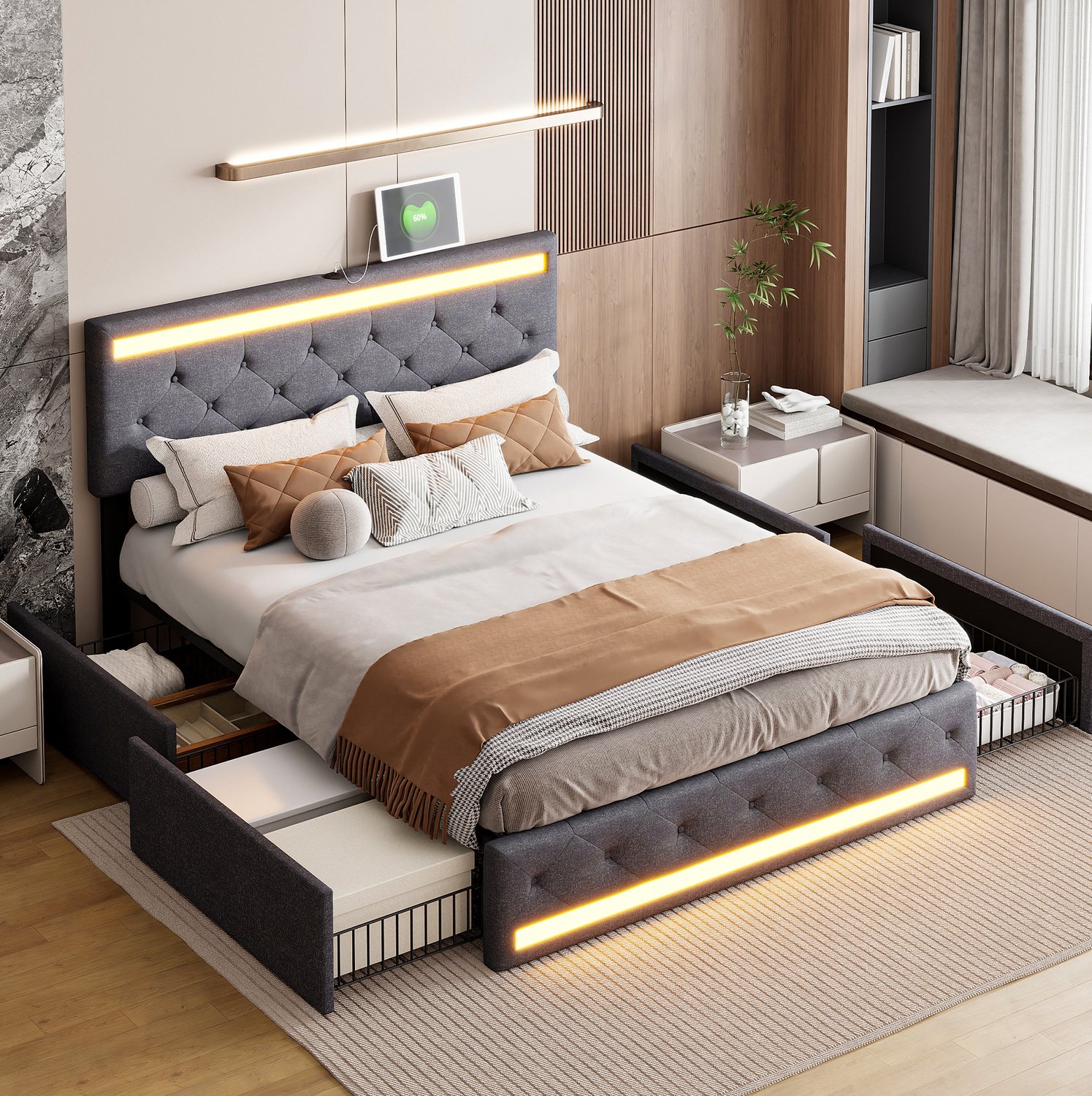 REDOM Tweepersoonsbed 140x200 cm - 4 metalen lades, LED-verlichting en USB-aansluiting - Donkergrijs