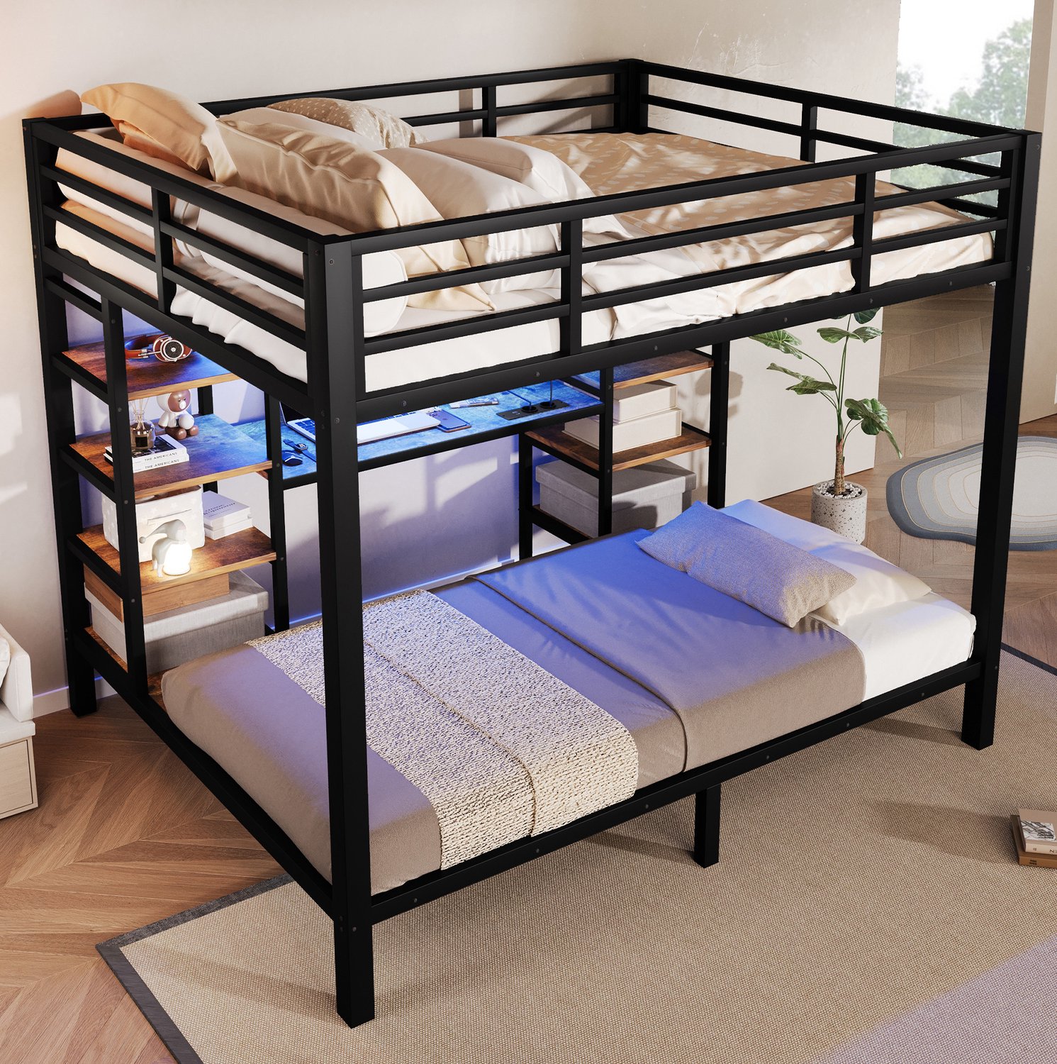 WUVRIE Stapelbed 140x200 en 90x200 cm - Met opbergrekken, LED en USB-aansluitingen - Zwart