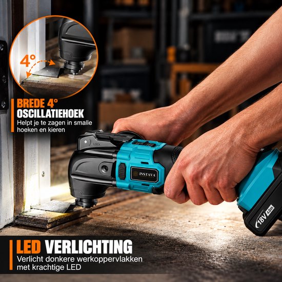 Instava multitool met 4 graden oscillatiehoek en LED-verlichting voor zagen in donkere, krappe hoeken.