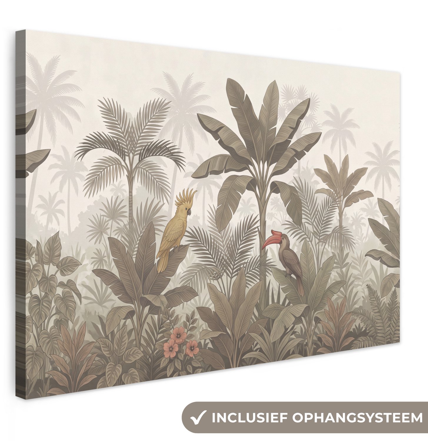 Canvas schilderij 120x80 cm - Exclusieve wanddecoratie Vogel - Jungle - Tropisch - Illustratie - Groen - Muurdecoratie woonkamer - Slaapkamer decoratie - Kamer accessoires - Schilderijen op canvas groot XXL