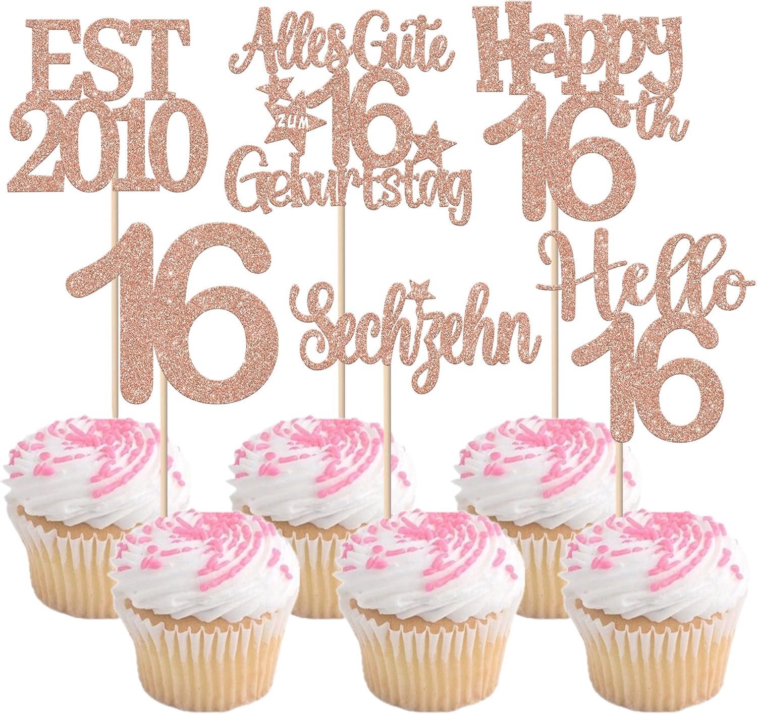 24 Stuks 16e verjaardag taartdecoratie glitter