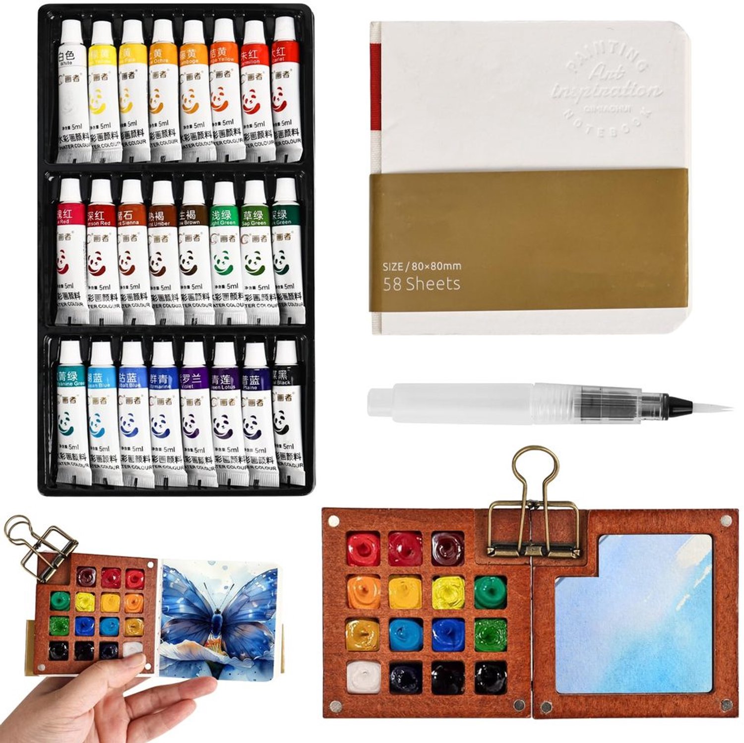 Mini Watercolor Set met 24 Kleuren en Houten Palette voor Kunstenaars